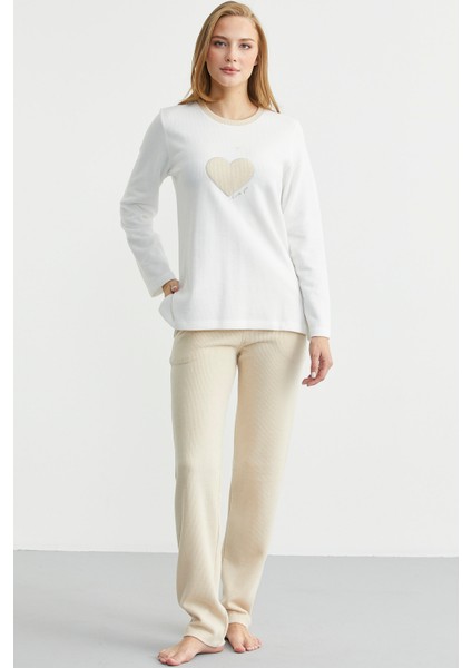 Kışlık Yumuşak Dokulu Fitilli Pijama Takım - Vizon