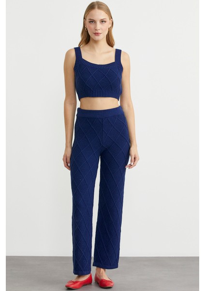 Pamuk Crop Pantolon Triko Takım - Lacivert