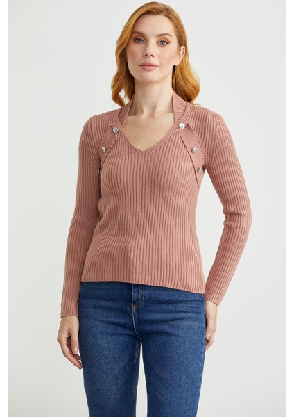 Boyundan Bantlı Fitilli Triko Kazak - Gül