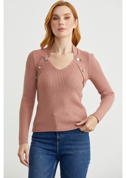 Boyundan Bantlı Fitilli Triko Kazak - Gül fiyatları