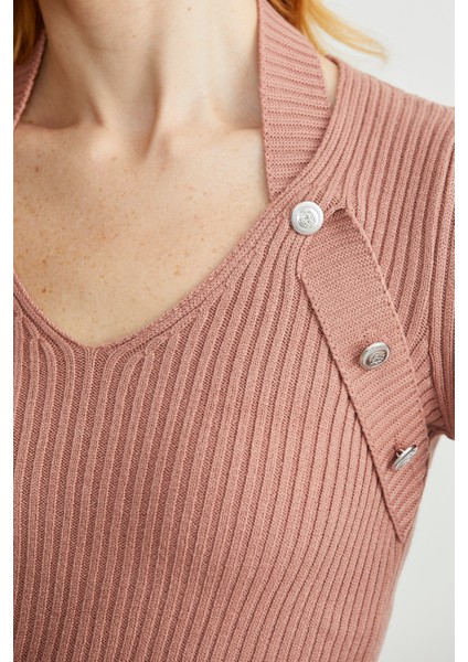 Boyundan Bantlı Fitilli Triko Kazak - Gül fırsatları