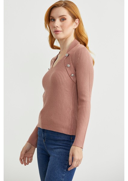 Boyundan Bantlı Fitilli Triko Kazak - Gül indirimleri