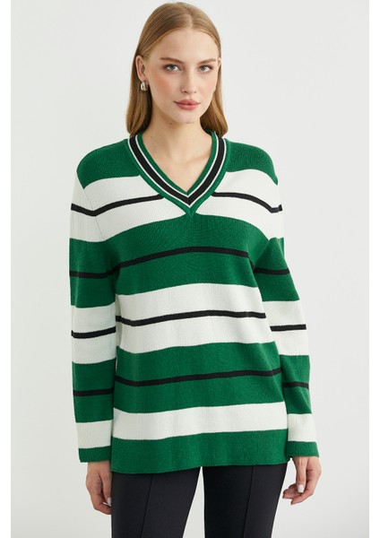 Çizgili V Yaka Triko Kazak - Yeşil