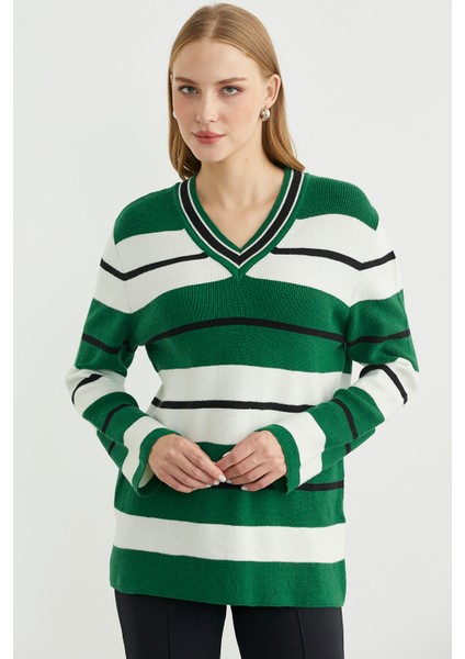 Çizgili V Yaka Triko Kazak - Yeşil fiyatları