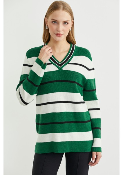 Çizgili V Yaka Triko Kazak - Yeşil modelleri