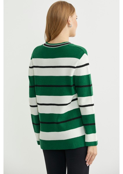 Çizgili V Yaka Triko Kazak - Yeşil indirimleri