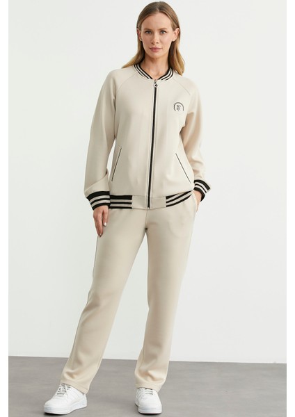 Şerit Detaylı Scuba Eşofman Takım - Bej