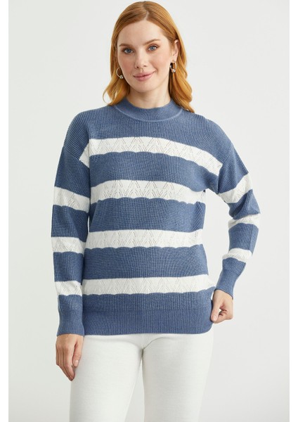 Dik Yaka Çizgili Triko Kazak - Indigo