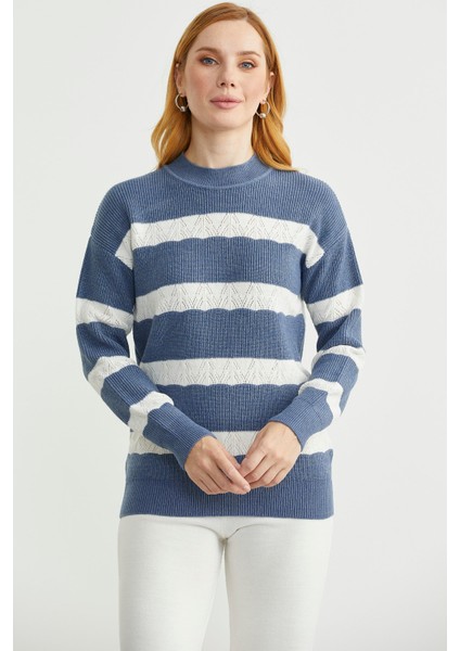 Dik Yaka Çizgili Triko Kazak - Indigo fiyatları