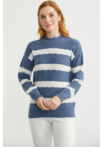 Dik Yaka Çizgili Triko Kazak - Indigo modelleri