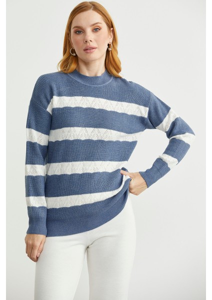 Dik Yaka Çizgili Triko Kazak - Indigo fırsatları