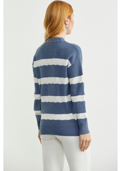 Dik Yaka Çizgili Triko Kazak - Indigo indirimleri