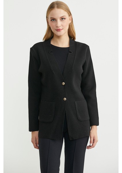 Düğmeli Cep Detaylı Yünlü Triko Ceket - Siyah