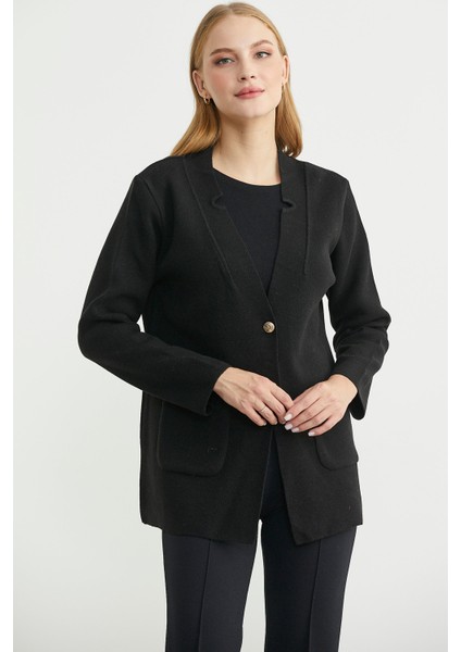 Düğmeli Cep Detaylı Yünlü Triko Ceket - Siyah fiyatları