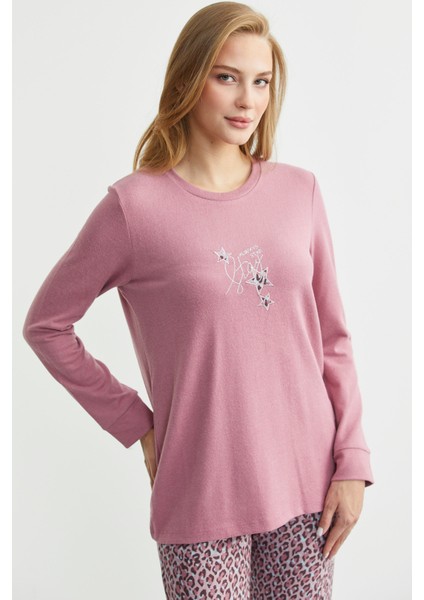 Yumoş Dokulu Leopar Desenli Kışlık Pijama - Gül Kurusu fiyatları