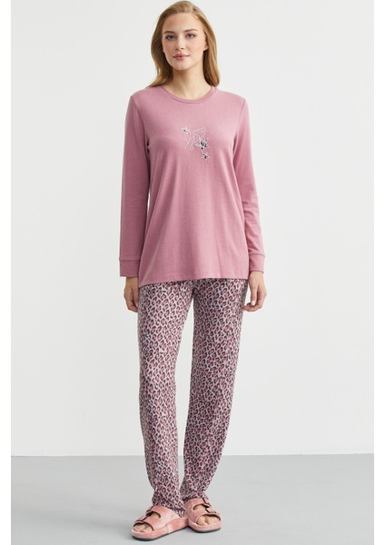 Yumoş Dokulu Leopar Desenli Kışlık Pijama - Gül Kurusu modelleri