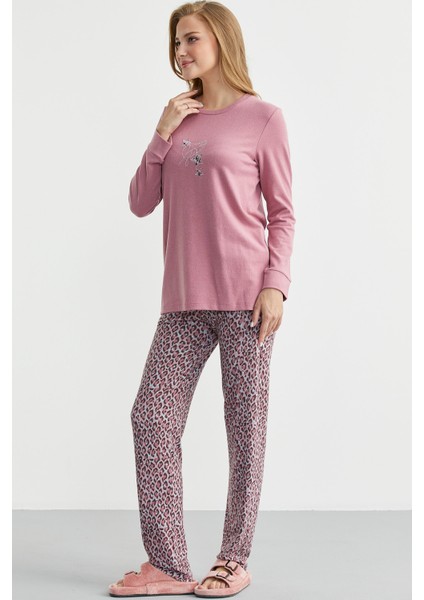 Yumoş Dokulu Leopar Desenli Kışlık Pijama - Gül Kurusu fırsatları