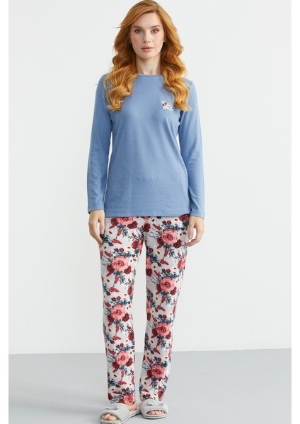 Yumoş Dokulu Desen Kombinli Pijama Takım - Indigo