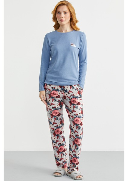 Yumoş Dokulu Desen Kombinli Pijama Takım - Indigo fiyatları