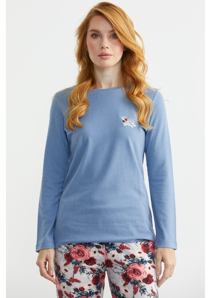 Yumoş Dokulu Desen Kombinli Pijama Takım - Indigo modelleri