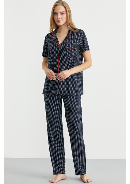 Düğmeli Puantiye Desenli Gömlek Pijama Takım - Lacivert modelleri