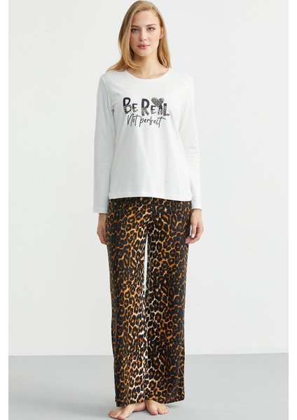 Yumuşak Dokulu Leopar Kombinli Rahat Takım - Ekru