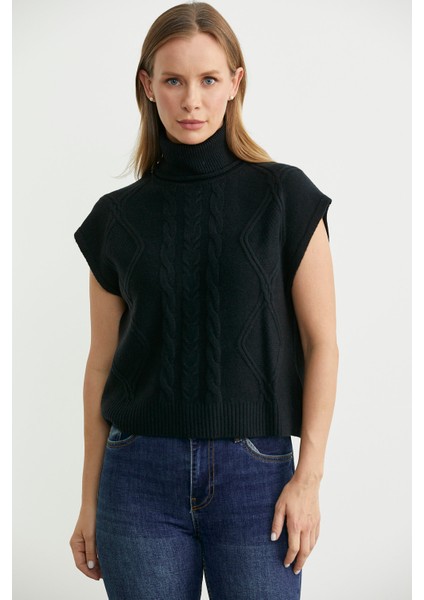 Tam Balıkçı Crop Triko Süveter - Siyah