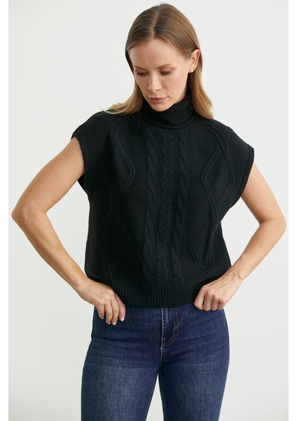 Tam Balıkçı Crop Triko Süveter - Siyah modelleri