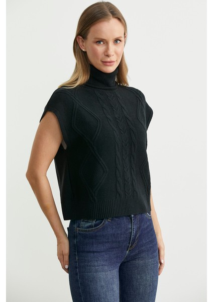 Tam Balıkçı Crop Triko Süveter - Siyah fırsatları