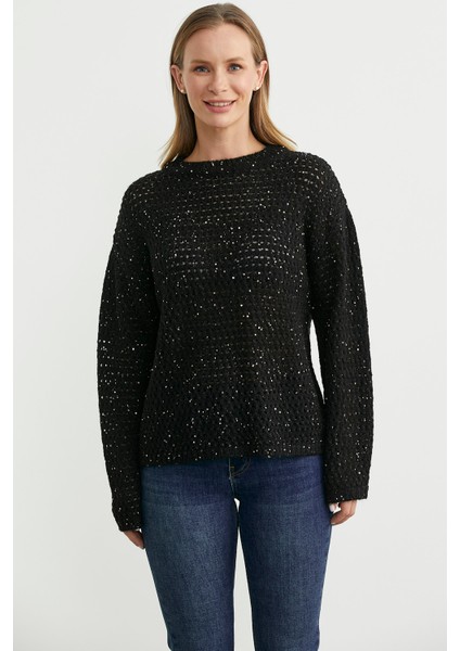 Payetli File Motif Triko Kazak - Siyah