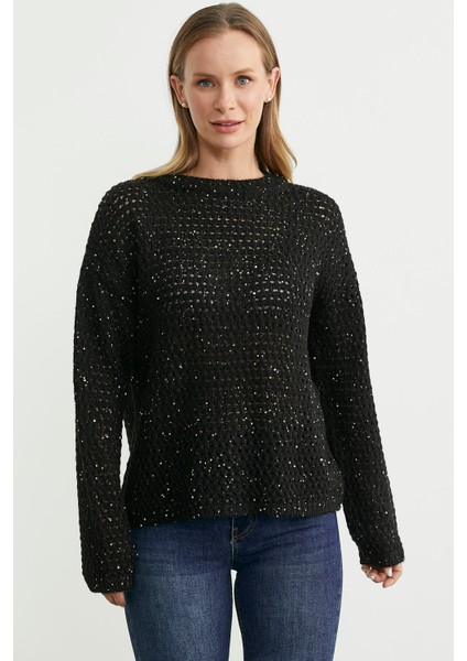 Payetli File Motif Triko Kazak - Siyah fiyatları