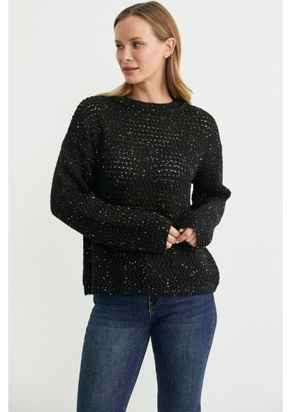 Payetli File Motif Triko Kazak - Siyah modelleri