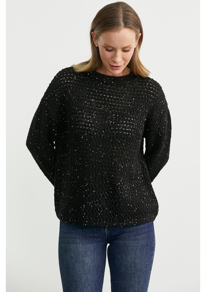 Payetli File Motif Triko Kazak - Siyah fırsatları