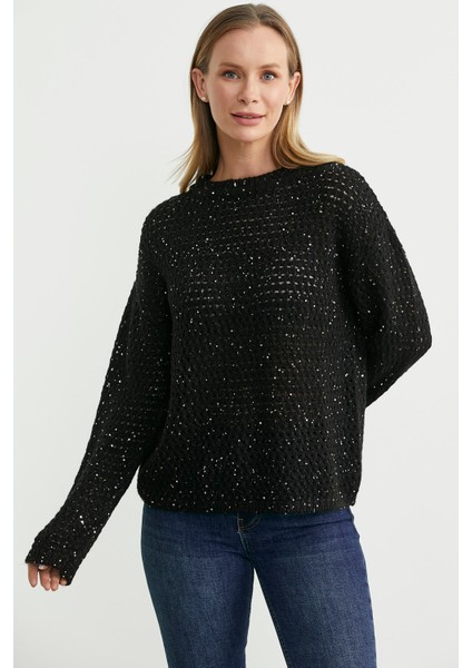 Payetli File Motif Triko Kazak - Siyah indirimleri