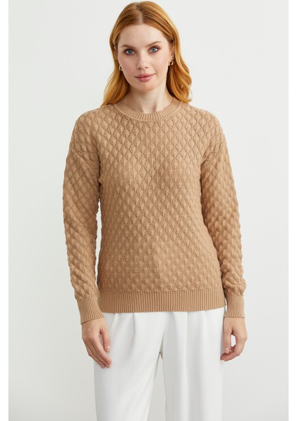 Motifli Sıfır Yaka Triko Kazak - Bej