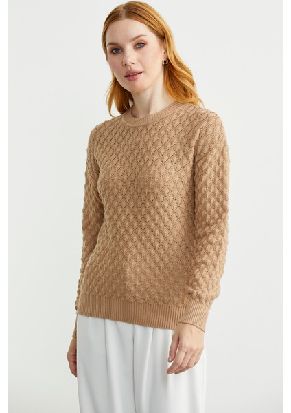 Motifli Sıfır Yaka Triko Kazak - Bej fiyatları