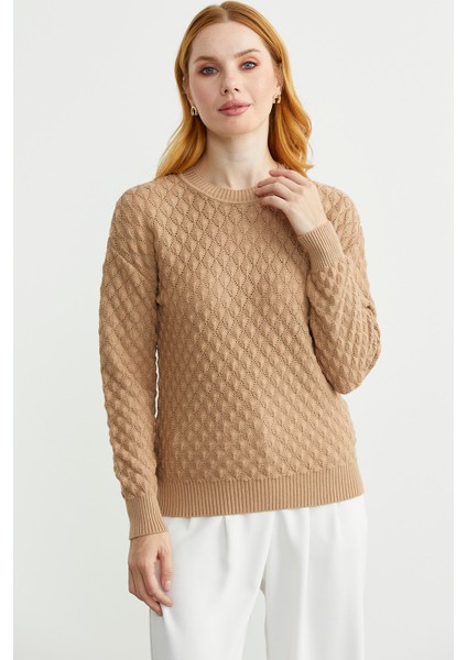 Motifli Sıfır Yaka Triko Kazak - Bej modelleri
