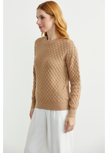 Motifli Sıfır Yaka Triko Kazak - Bej fırsatları