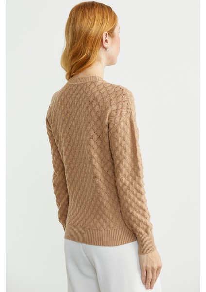 Motifli Sıfır Yaka Triko Kazak - Bej indirimleri