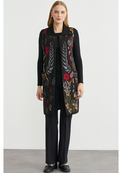 Renkli Çiçek Motifli Yünlü Uzun Triko Yelek - Siyah