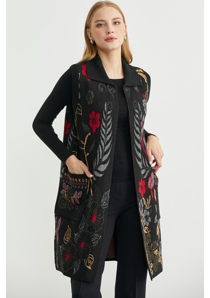 Renkli Çiçek Motifli Yünlü Uzun Triko Yelek - Siyah fiyatları