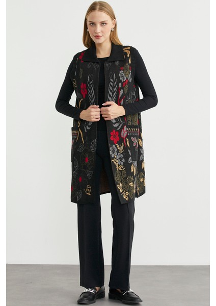 Renkli Çiçek Motifli Yünlü Uzun Triko Yelek - Siyah modelleri