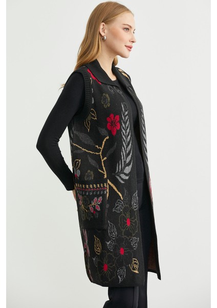 Renkli Çiçek Motifli Yünlü Uzun Triko Yelek - Siyah indirimleri