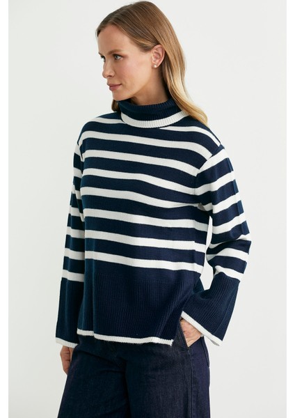 Yünlü Tam Balıkçı Çizgili Triko Kazak - Lacivert fırsatları