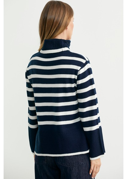 Yünlü Tam Balıkçı Çizgili Triko Kazak - Lacivert indirimleri