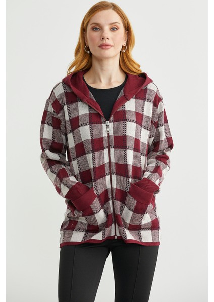 Renkli Ekose Geçişli Yünlü Triko Hırka - Bordo