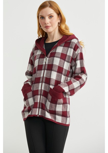 Renkli Ekose Geçişli Yünlü Triko Hırka - Bordo modelleri