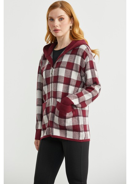 Renkli Ekose Geçişli Yünlü Triko Hırka - Bordo fırsatları