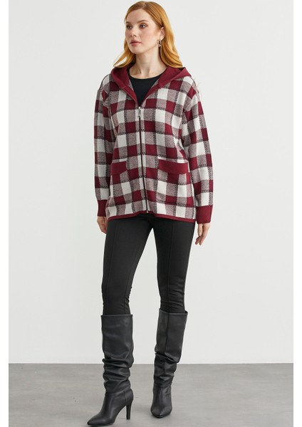 Renkli Ekose Geçişli Yünlü Triko Hırka - Bordo indirimleri