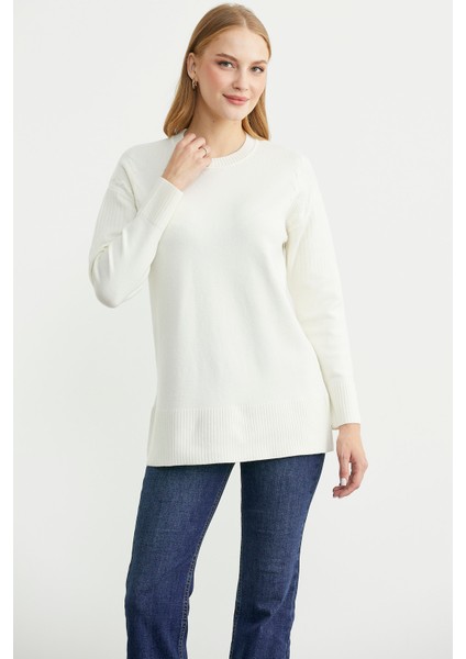 Kol Detaylı Sıfır Yaka Tunik Triko Kazak - Kemik